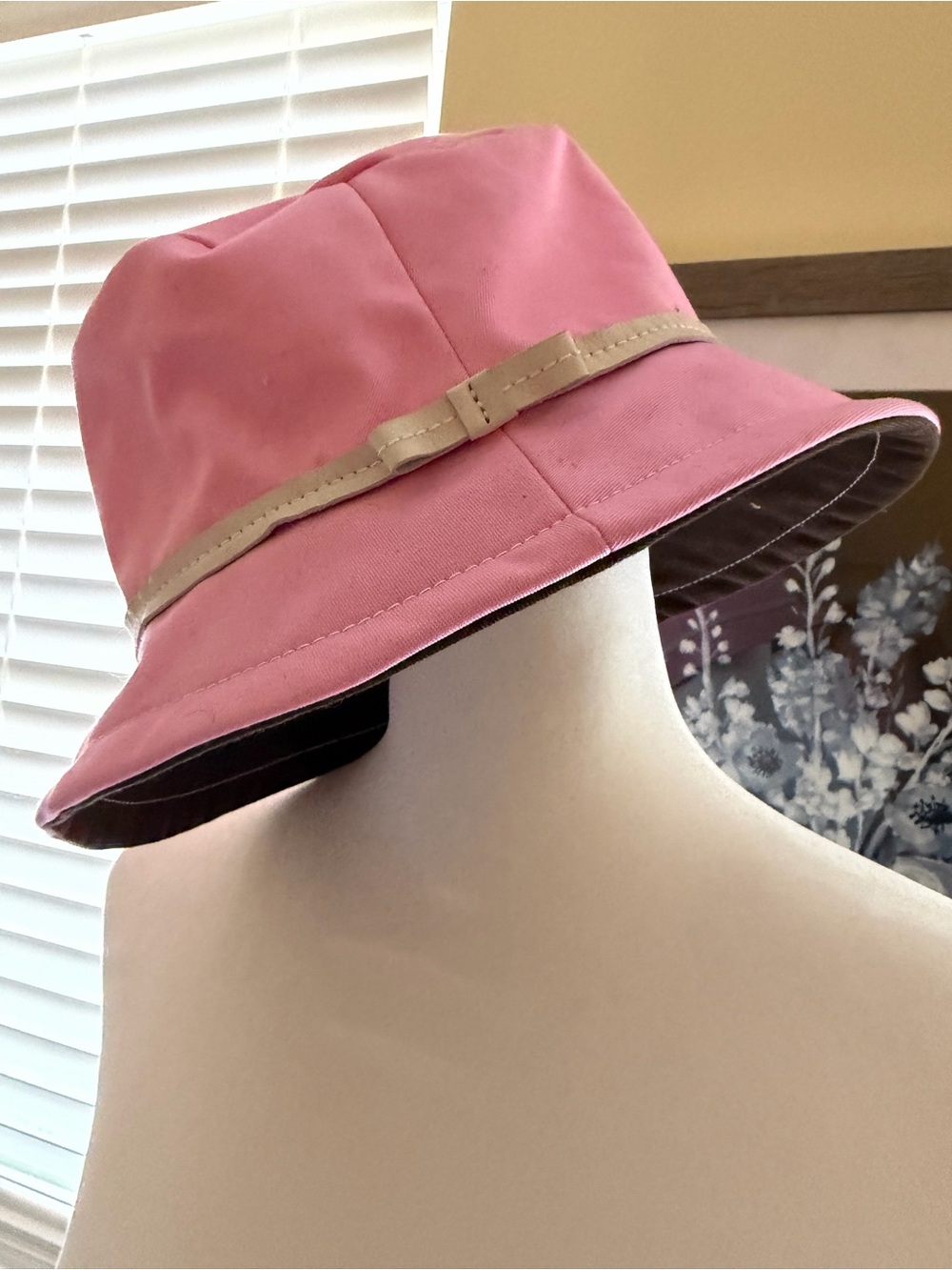 Coach Pink Bucket Hat with Tan Trim and Bow